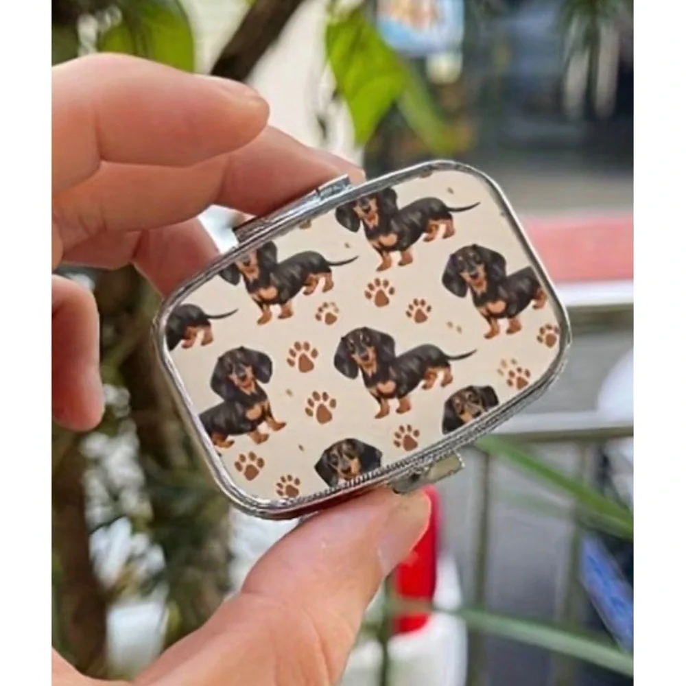 Dachshund Pill Box Unisex Small Cream New Dog Print Case